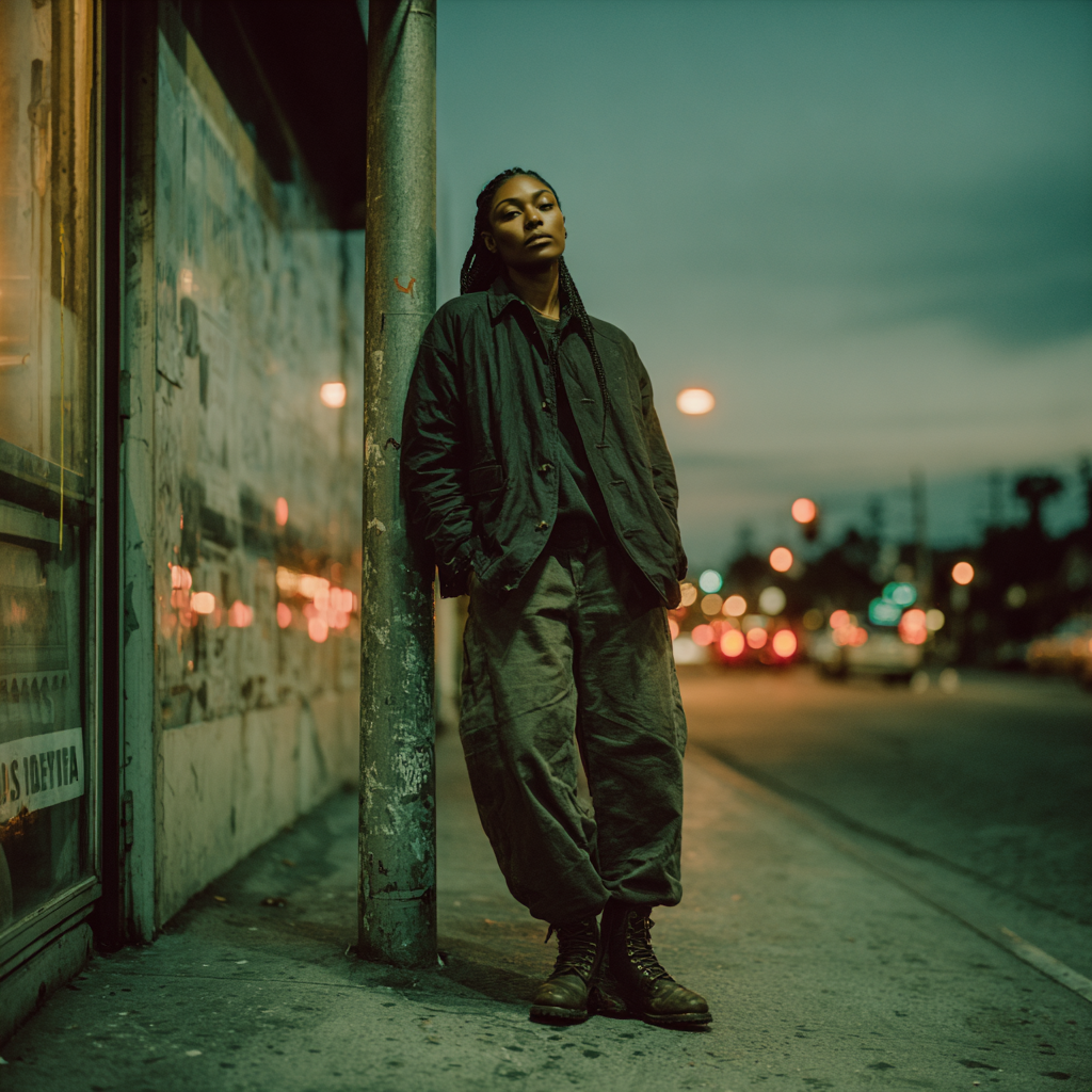 Close-up black-and-white portrait of a masculine-presenting Black individual with long locs and a white beanie. Their eyes look directly into the camera with calm intensity and quiet strength, offering an unguarded moment of presence and self-awareness.
